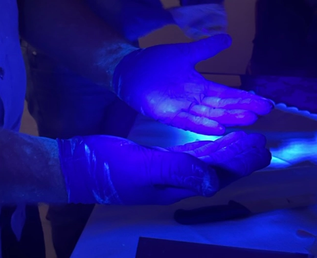 2 hands, palms up, showing contamination under ultraaviolet light.